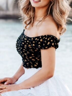 Black Smocked Off-Shoulder Crop Top